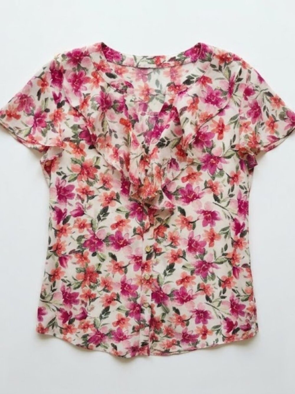 Pink Floral Ruffle-Front Short Sleeve Blouse